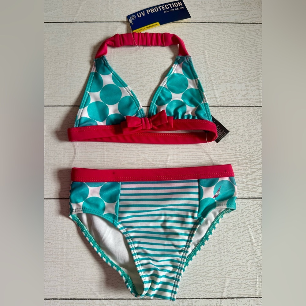 NWT ~ NAUTICA kids 2 pc swimsuit Turquoise pink white Polka dot Stripes Girl 2T
